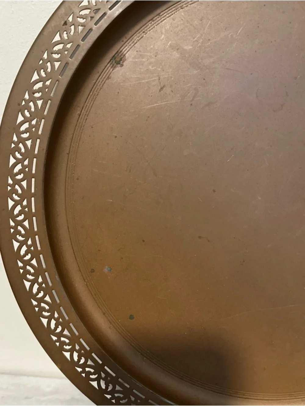 Vintage solid copper tray reticulated border 14”D